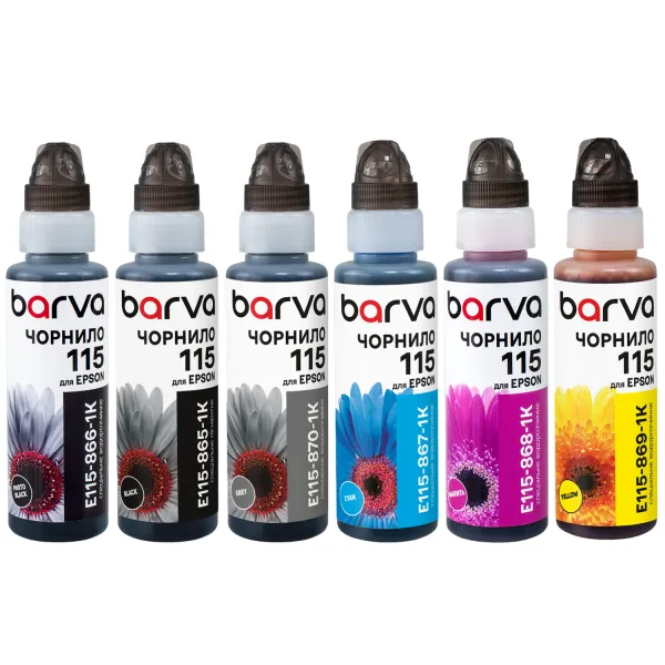 Комплект чорнил сумісних для Epson 115 спеціальні 6x100 мл, флакон OneKey (1K), пігментне/водорозчинні, BK/PB/C/M/Y/GY Barva (E115-1K-MP)