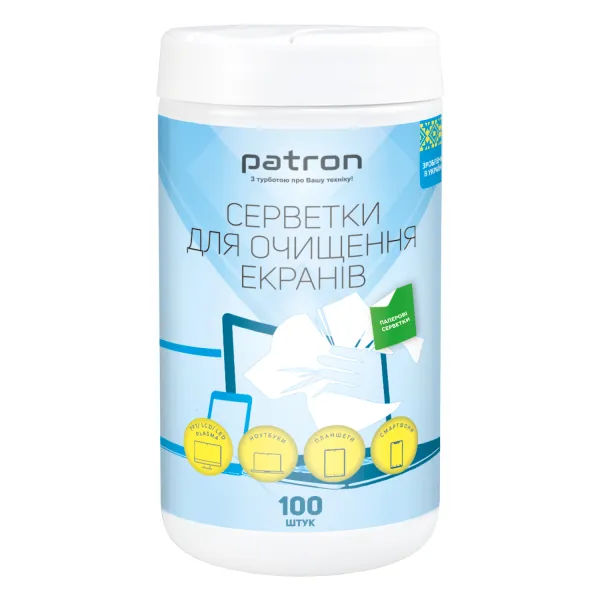 Серветки для очищення екранів паперові, туба 100 шт. Patron (F3-059)