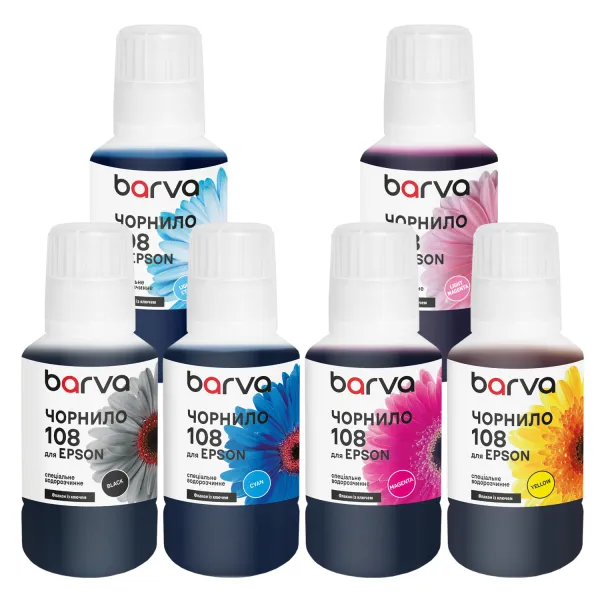 Комплект чорнил для Epson 108 спеціальні 6x140 мл, OneKey, водорозчинні, BK/C/M/Y/LC/LM Barva (E108-140-MP)