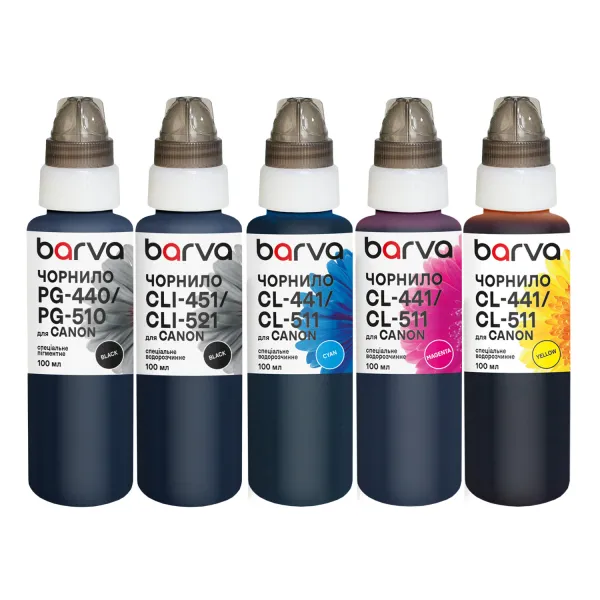 Комплект чорнил для Canon PGI-5PGBK + CLI-8BK/C/M/Y спеціальні 5x100 мл, пігментне/водорозчинні, PGBK/BK/C/M/Y Barva (CPGI5-100-2MP)