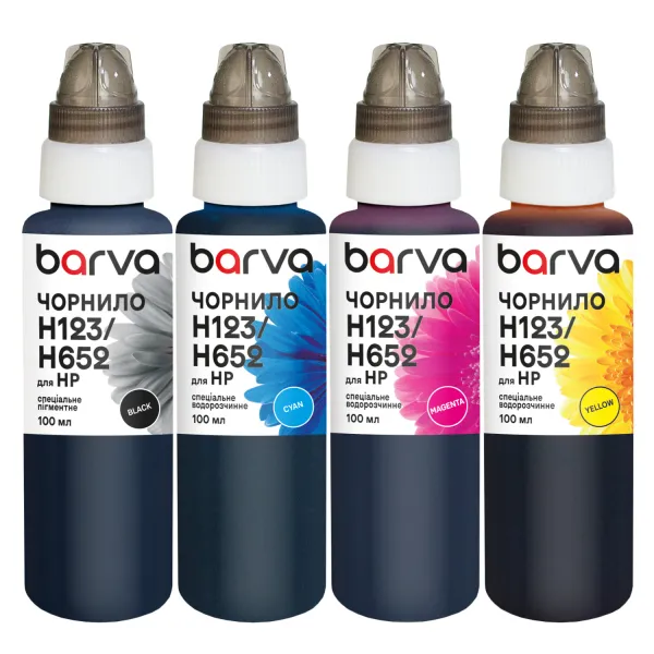Комплект чорнил для HP 46/123/651/652 спеціальні 4x100 мл, пігментне/водорозчинні, BK/C/M/Y Barva (H652-100-MP)