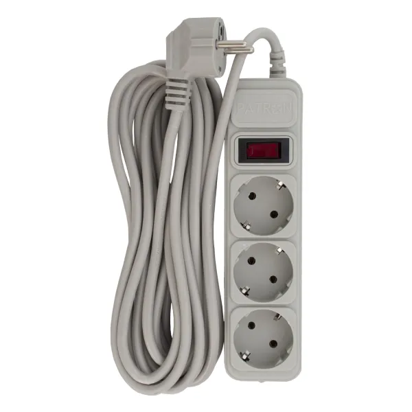 Фільтр мережевий 3 розетки, 5 м, 10 А, 250 В, 3*1мм2, сірий Patron (SP-1035-GR)