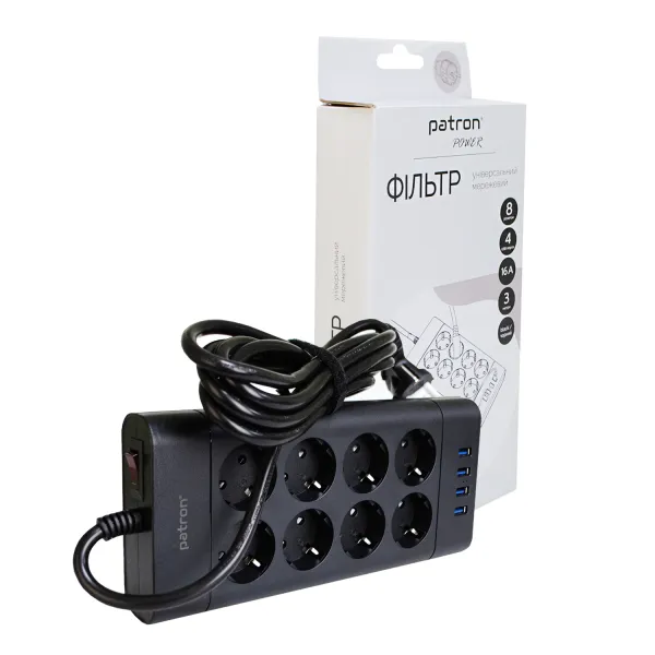 Фільтр мережевий 8 розеток + 4 х USB, 3 м, 16 А, 250 В, чорний Patron Power (SP-1683-USB)