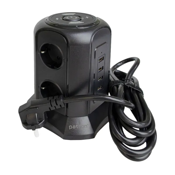 Фильтр сетевой 6 розеток + 4 х USB и беспроводная зарядка, башня, 3 м, 16 А, 250 В, черный Patron Power (SP-1663-USBTW) - Фото 2