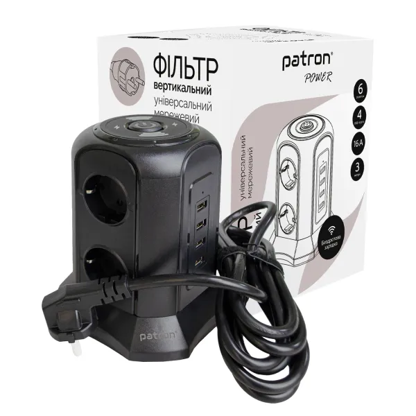 Фільтр мережевий 6 розеток + 4 х USB та бездротова зарядка, вежа, 3 м, 16 А, 250 В, чорний Patron Power (SP-1663-USBTW)