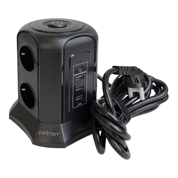 Фільтр мережевий 6 розеток + 3 х USB, 1 х USB-C, вежа, 3 м, 16 А, 250 В, чорний Patron Power (SP-1663-USBT) - Фото 2