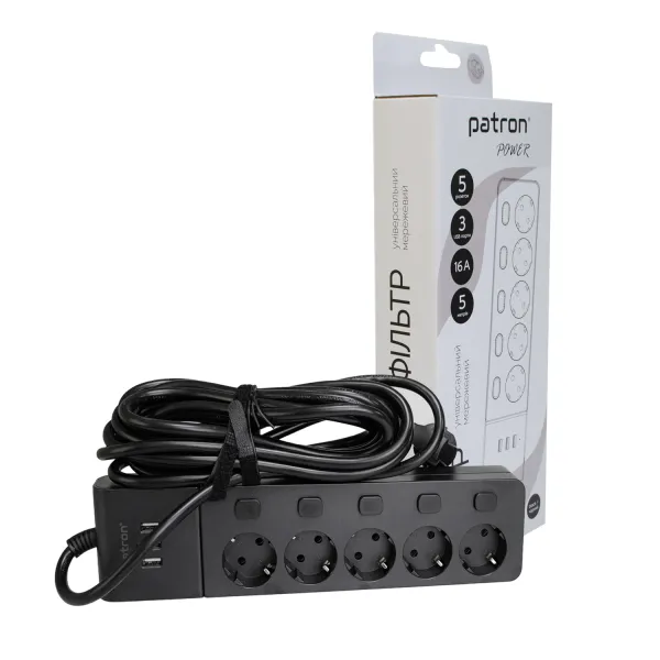 Фільтр мережевий 5 розеток + 3 х USB, 5 м, 16 А, 250 В, чорний Patron Power (SP1655-USB)