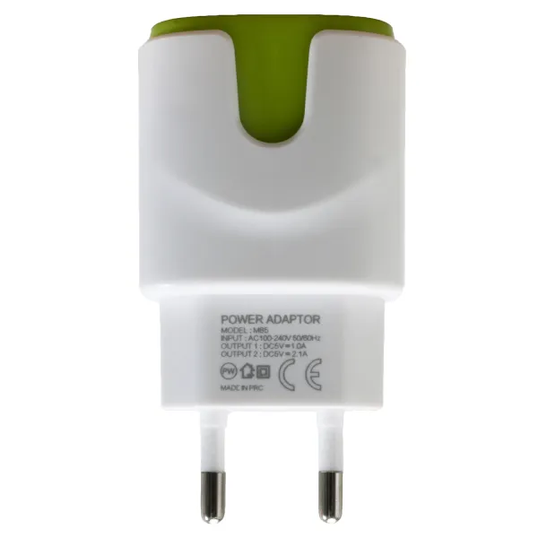 Пристрій зарядний мережевий 2xUSB 2.0 2A/1A, біло-зелений Patron (PN-2USB-220V-G) - Фото 2