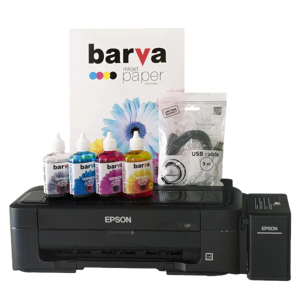 Комплект для печати Printer kit 4в1 Принтер L121 A4 Epson (C11CD76414) + чернила Barva + бумага Barva + кабель