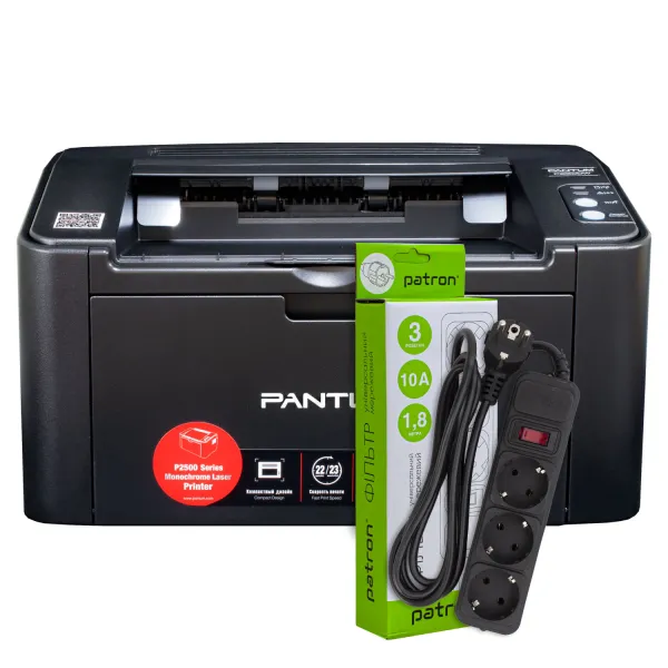 Принтер лазерный P2500W A4, Wi-Fi Pantum (P2500W) + Фильтр сетевой 3 розетки Patron (SP-1033)